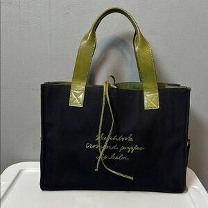 Kate Spade canvas leather weekender tote bag green lining, green leather handles